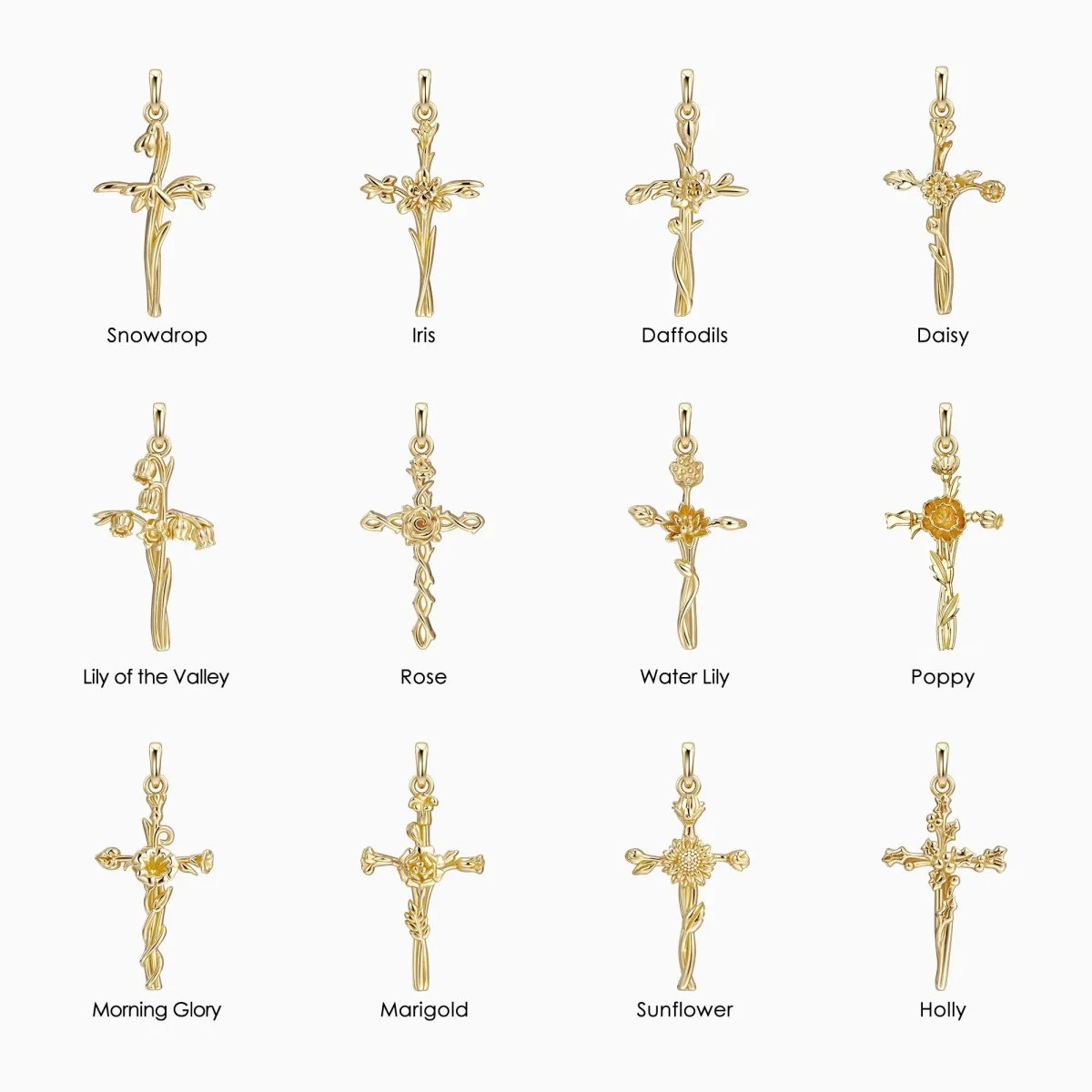 14K Solid Gold Birth Flower Cross Pendant - Image 2
